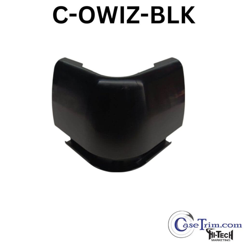 A black plastic corner piece with the word " c-owiz-blk " on it.